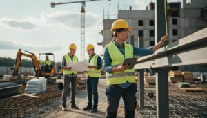 Werkvoorbereider controleert bouwplanning en documentatie op bouwplaats